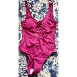 NWT California Waves Burgundy Ribbed Lace up one piece swimsuit size S Cheeky